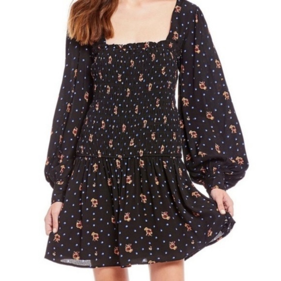 Free People two faces smocked floral dress S NWT black - Picture 2 of 5